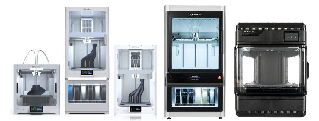 UltiMaker and MakerBot 3D printers lined up